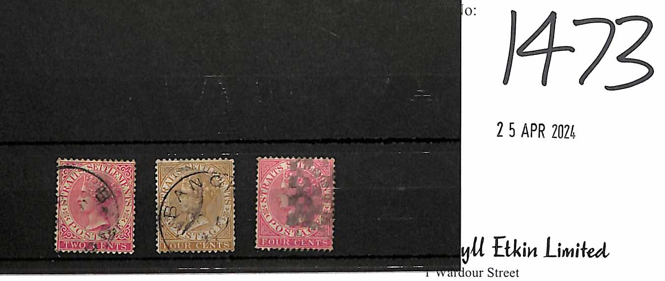 1883-85 Straits Crown CA 2c rose and 4c brown with "BANGKOK" datestamps, also 4c rose (thinned) with