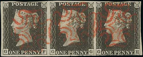 1840 1d Black, GF-GH plate 4 strip of three, GH just touched at base, otherwise fine with good