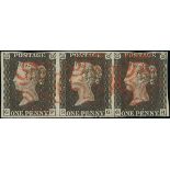1840 1d Black, GF-GH plate 4 strip of three, GH just touched at base, otherwise fine with good