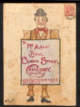 1908 Card panel (14x20cm) with a watercolour illustration of a man holding a bill board, which bears