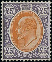 Transvaal. 1903 KEVII £5 Orange-brown and violet fine mint. With Brandon (1988) and R.P.S (2017)