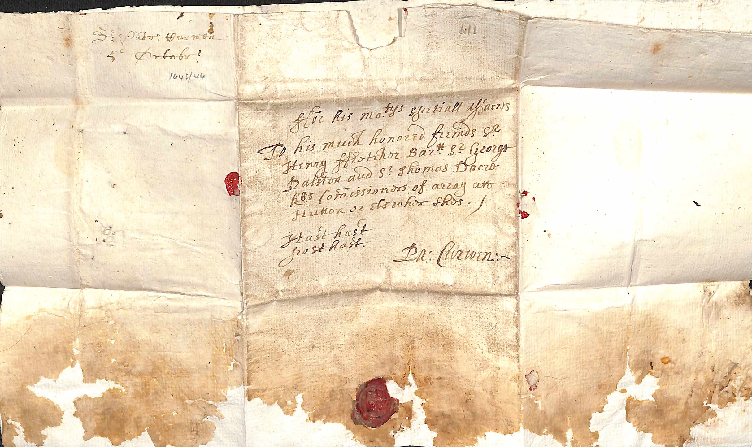 1644 (Oct 5) Civil War Period entire letter from Sir Patrick Curwen at Workington Hall, - Image 2 of 2