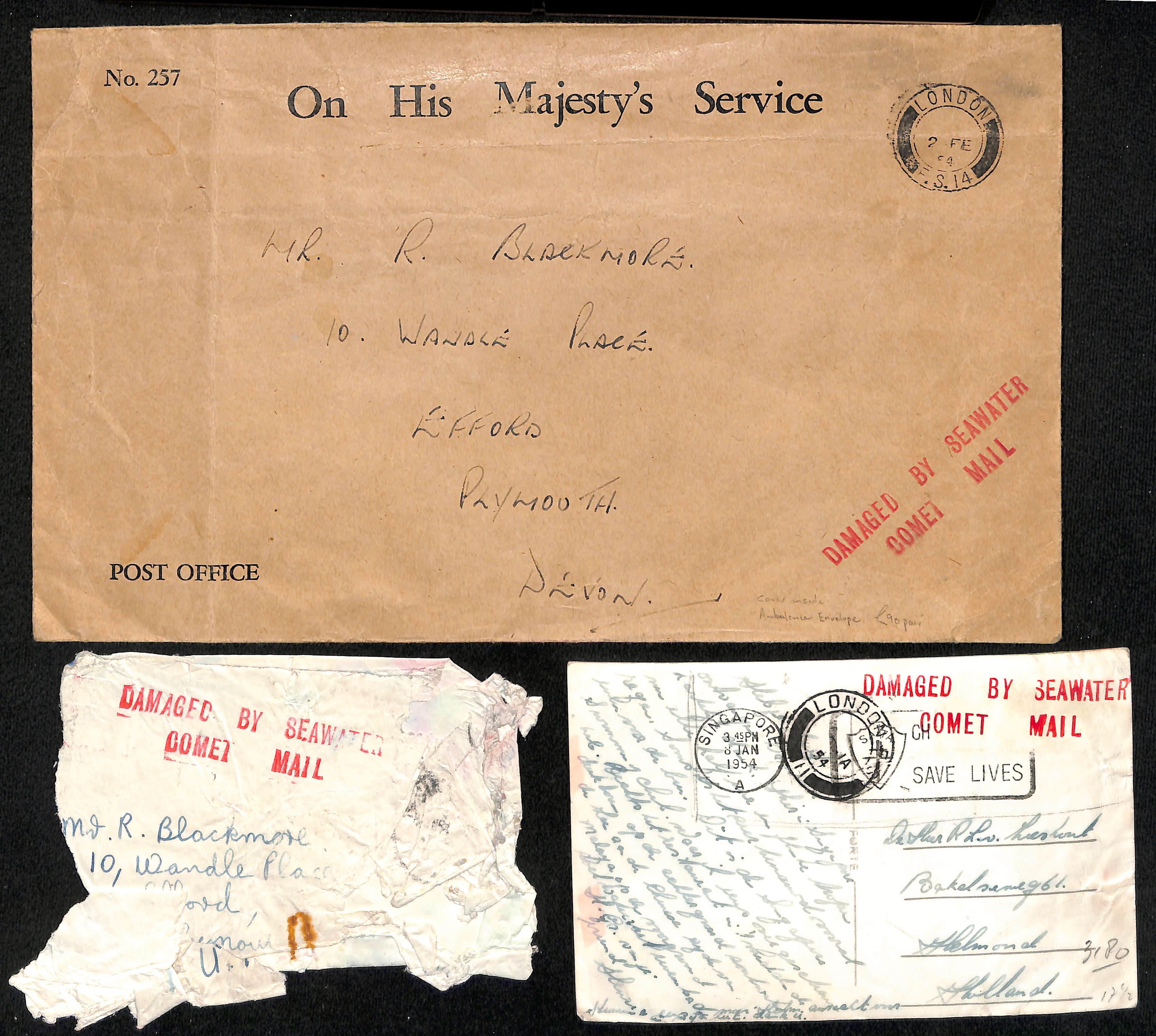 1954 (Jan. 8) Covers (2) and a picture postcard from Singapore with "T" below "B" cachets,