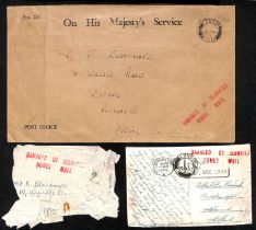 1954 (Jan. 8) Covers (2) and a picture postcard from Singapore with "T" below "B" cachets,