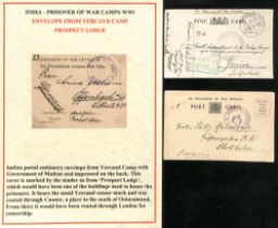 Yercaud. 1918-19 Stampless postcards (2), one with "On Prisoners of War Service" printed heading,