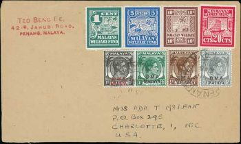 1946 Malaya Welfare Fund 1c, 5c, 10c and 20c labels used on covers from Ipoh (Nov 9, first day of