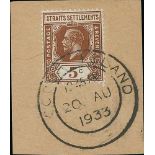1933 (Aug 20) Piece with KGV 4c vertical pair tied by the first type "COCOS ISLAND" c.d.s (D1,
