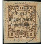 1915 (Jan 7) 3pf Brown with type 6 overprint ("Anglo-French" 15mm), tied to piece by a Lome c.d.s,
