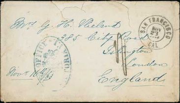 1863 (Nov 16) Stampless cover to England with blue oval "POST OFFICE / (arms) / VICTORIA V.I" and