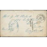 1863 (Nov 16) Stampless cover to England with blue oval "POST OFFICE / (arms) / VICTORIA V.I" and