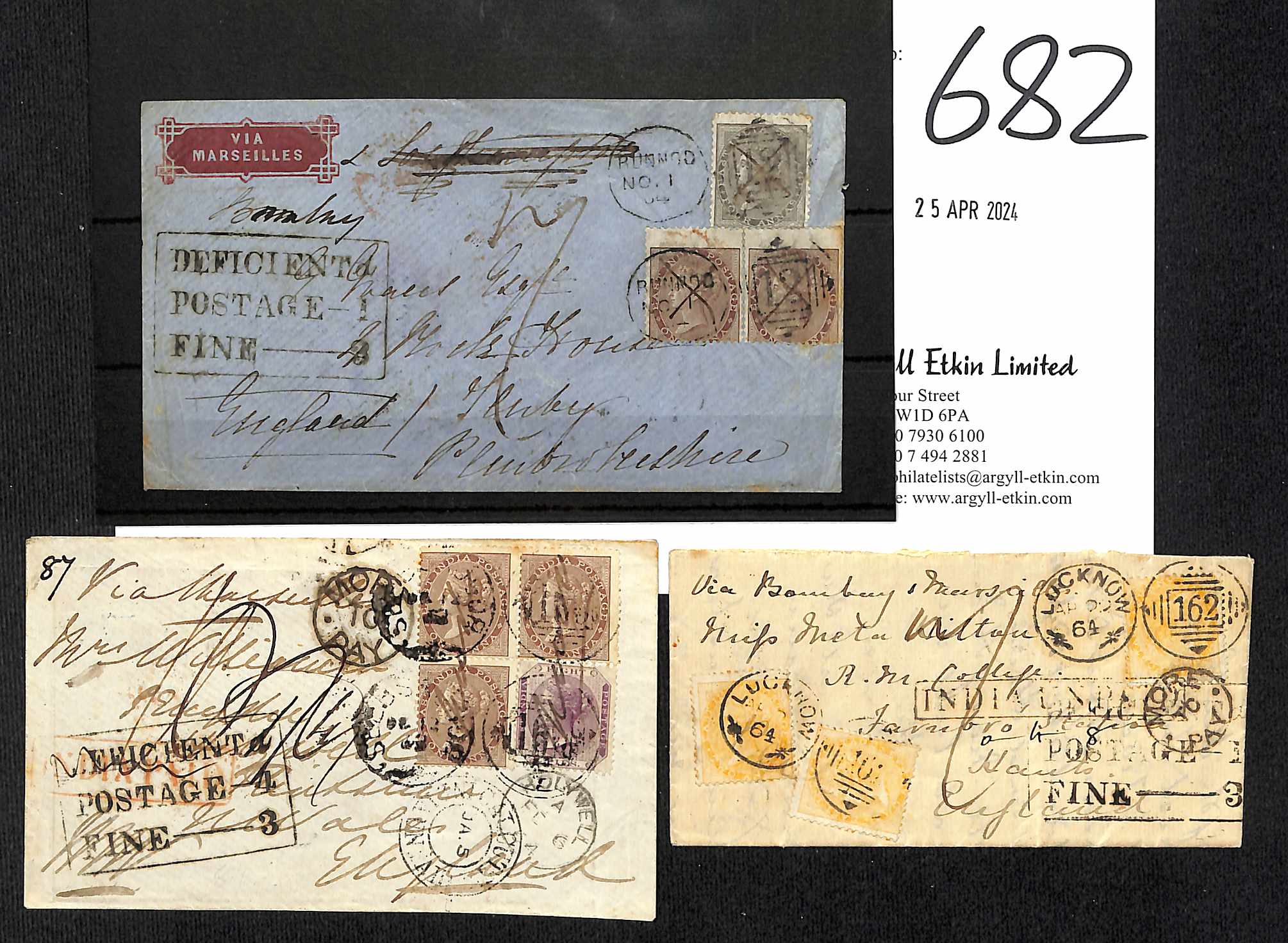 1864 Covers sent via Marseille franked 3a8p or 6a (2, three 2a stamps from Lucknow or 1a pair + 4a