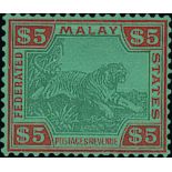 Federated Malay States. 1922-34 $2 Green and red on yellow and $5 green and red on green both superb