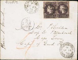 1875 (Dec 4) Cover to Stellenbosch, Cape of Good Hope, with two 3d stamps tied by cork cancels (