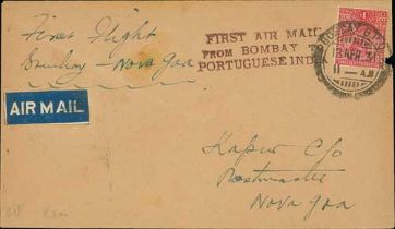 1931 (Apr 13) Cover from Bombay to Goa franked 1a, red "FIRST AIR MAIL / FROM BOMBAY TO / PORTUGUESE