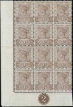 1892-99 3c Brown, lower left corner plate block of twelve, upper right stamp with variety