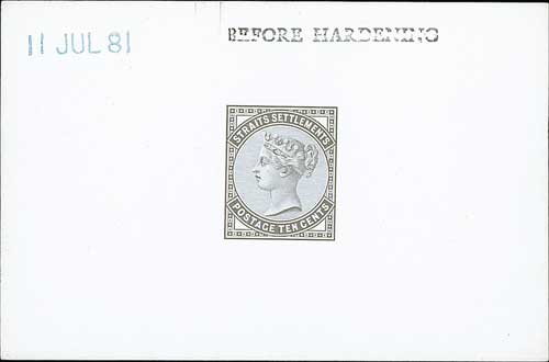 1881 10c Die Proof in black on white glazed card, stamped "BEFORE / HARDENING" and dated "11 JUL