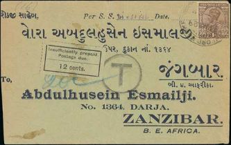 1929 (Jan 24) Cover from India to Zanzibar with 1a cancelled at Crawford Market, handstamped "T",