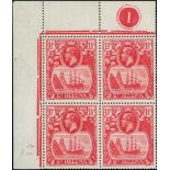 1937 1½d Deep Carmine-red, upper left corner plate block of four, stamp 2/1 with broken mainmast