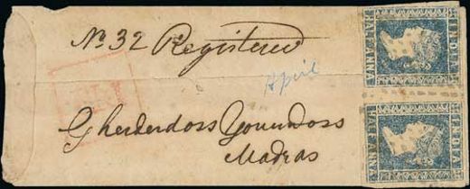 1855 (Apr 24) Small cover from Alleppy to Madras endorsed "No 32 Registered" bearing 1854 ½a pair (