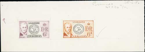 1958 QEII 6d Unadopted stamp size handpainted essays in black ink and watercolour, depicting the