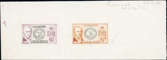 1958 QEII 6d Unadopted stamp size handpainted essays in black ink and watercolour, depicting the