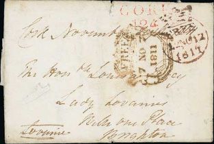 1811 (Nov 7) Entire letter from Cork to Brighton with red "CORK / 124", an unusually fine Mermaid