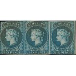 1856 Imperf 6d blue, mint strip of three, large part original gum, left stamp cut into at left edge,