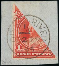 1894 Opobo River ½d provisional surcharge in violet on diagonally bisected 1d vermilion, tied to