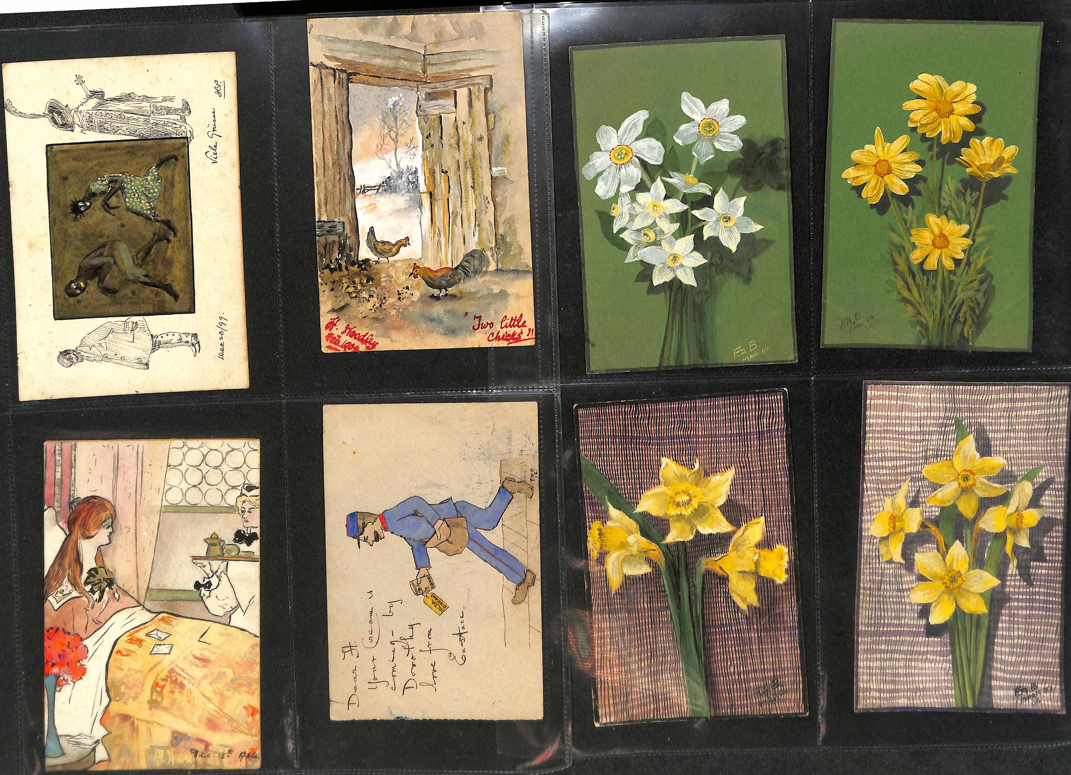 1895-1917 Handpainted picture postcards, most in colour, many very well done, four unused, one on - Image 5 of 8