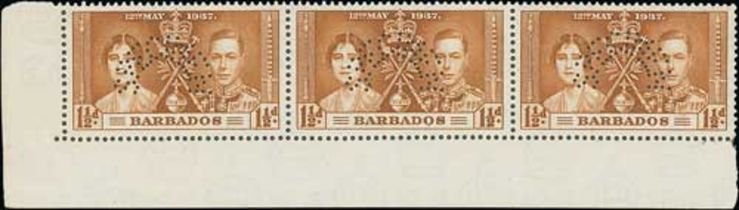 1937 Coronation 1d - 2½d set of three perfined "SPECIMEN", all in lower left corner marginal