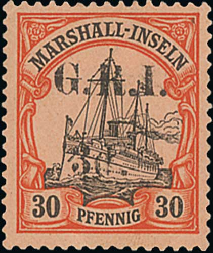 Marshall Islands 3d on 30pf, fine mint. S.G. 55, £475. Photo on Page 214.