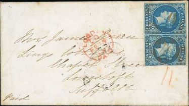 1864 Cover to England bearing 1856 imperf 6d blue pair (just touched at right, large margins on