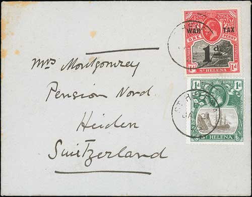 1925 (Jan 21) Cover to Switzerland bearing 1919 War Tax 1d and 1922 2d with torn flag variety. A