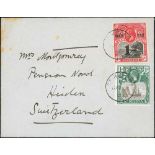 1925 (Jan 21) Cover to Switzerland bearing 1919 War Tax 1d and 1922 2d with torn flag variety. A