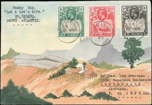 1940 (Feb 16) Hand illustrated cover depicting Sandy Bay, posted to the USA franked 1922 ½d, 1d