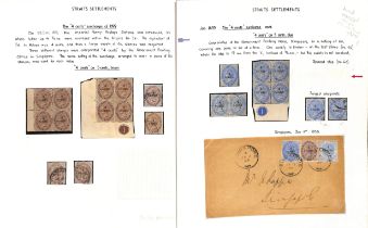 1898 (Dec) 4c Surcharges, study on pages with 4c on 5c brown and 4c on 5c blue mint panes of