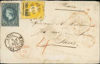 1870 (July 15) Cover to France franked 1863 rough perf 6d and 1868 2d yellow each cancelled by