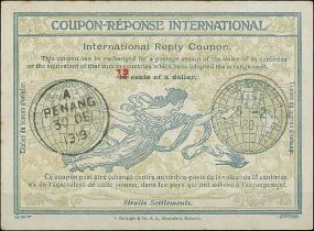 1919 First type 12c surcharge on 10c International Reply Coupon with Penang (Dec 30) office of issue