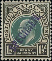 Natal. 1902 1½d - 3d, 5d - 1/- and 5/- Handstamped violet "SPECIMEN" type NA2, mint, this Specimen