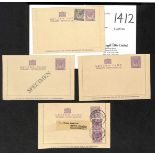 1928-29 KGV 4c Lettercards Specimen, unused (2, one with a 1c stamp) or used to Germany franked 4c