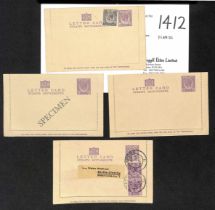 1928-29 KGV 4c Lettercards Specimen, unused (2, one with a 1c stamp) or used to Germany franked 4c