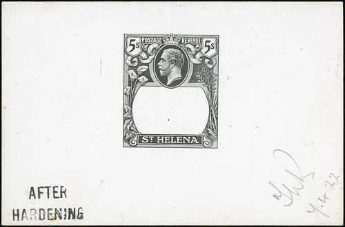 1922 5/- Frame Die Proof in black on white glazed card, stamped "AFTER / HARDENING", initialled