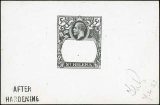1922 5/- Frame Die Proof in black on white glazed card, stamped "AFTER / HARDENING", initialled