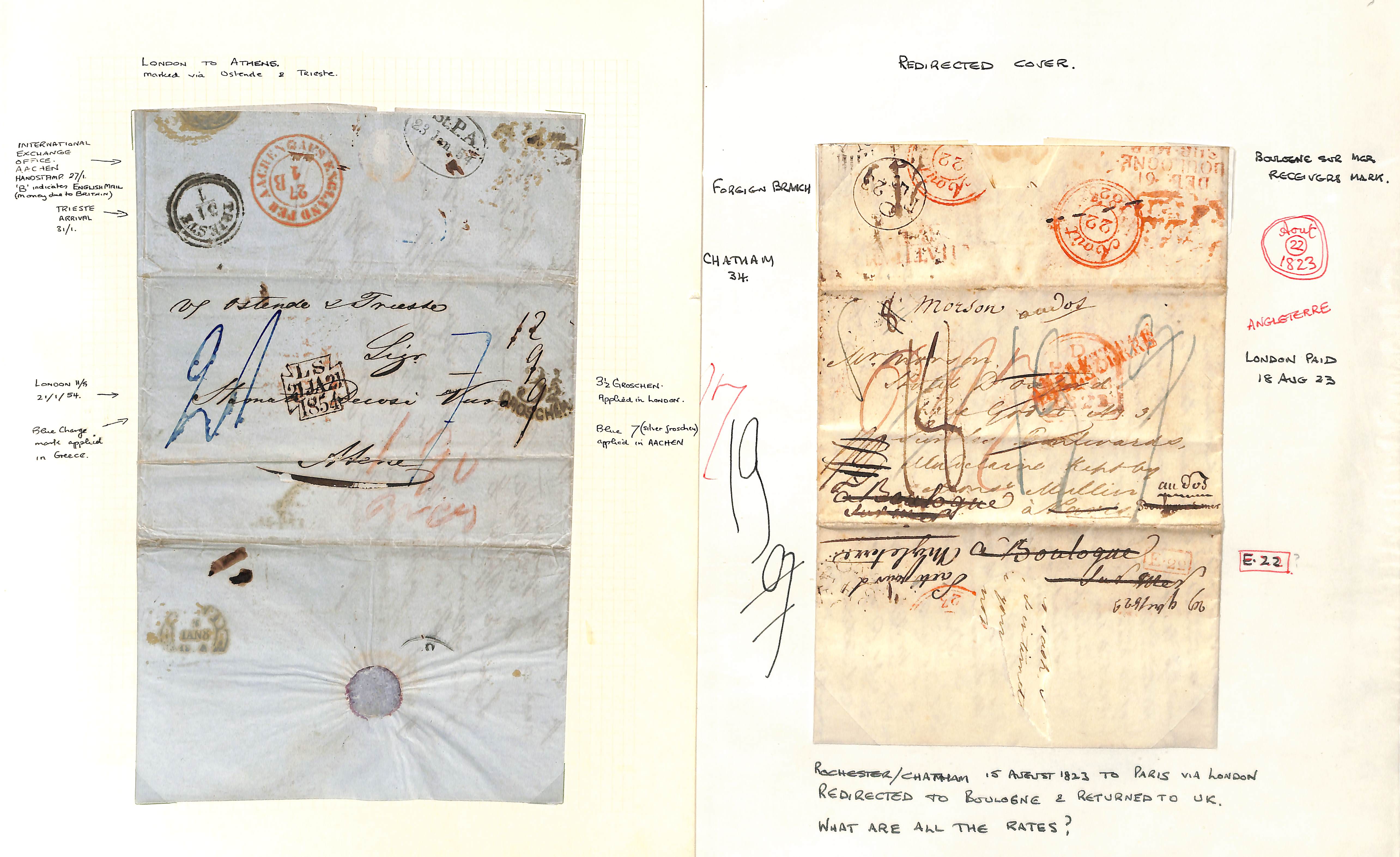 1822-56 Entire letters including oval "PACKET LETTER / MAURITIUS" datestamps in red or black, arc