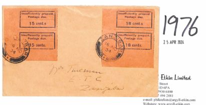 1934 (Nov 16) Stampless cover to Mrs L.H Trueman, E.T.C, Zanzibar, bearing 15c and 18c orange