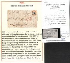 Bombay G.P.O. 1857 (June 29) Entire letter to Shanghai bearing 1854 4a (S.G. 19, cut square, just