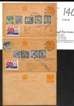1941 KGVI 2c Orange postcards, unused, or used (2), both from Penang to USA with 6c paid by stamps