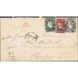 1885 (Oct 5) Cover to Finland, 7½d postage paid by ½d + 1d + 6d (S.G. 27, 29, 34) tied by cork