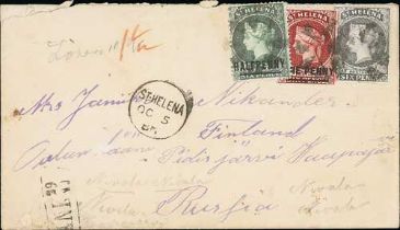1885 (Oct 5) Cover to Finland, 7½d postage paid by ½d + 1d + 6d (S.G. 27, 29, 34) tied by cork