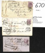 1868-70 Covers franked 6d sent via Southampton, all underpaid by 3d with a fine of 9d, charged 8A.